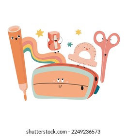 Ready-made cute design for notebooks, bags, pencil cases and other school supplies. With pencil case, marker, rainbow, protractor and scissors. Vector, kawaii
