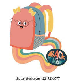 Ready-made cute design for notebooks, bags, pencil cases and other school supplies. With funny bag and rainbow. Vector, kawaii