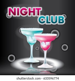 Ready-made design with colorful cocktails. Night club, bar or party. Postcard, poster or flyer. Advertising or sign.