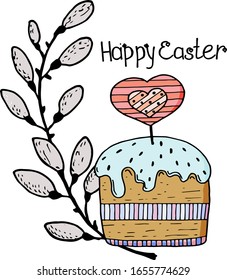 Ready-made design for Easter cards, posters, decoupage, things. Cake with a sprig of willow. Drawing in a vector by hand.