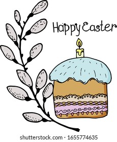 Ready-made design for Easter cards, posters, decoupage, things. Cake with a sprig of willow. Drawing in a vector by hand.