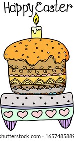 Ready-made design for Easter cards, posters, decoupage, things. Cake on the stand. Drawing in a vector by hand.