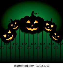 Ready-made design with Halloween pumpkins with carved smiles. Vector illustration for a postcard or a poster, print on clothes.