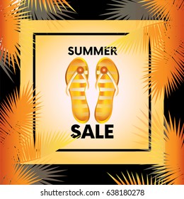 Ready-made design "Sale" with palm branches and flip flops. Vector illustration for shops. Business and shopping. Summer.