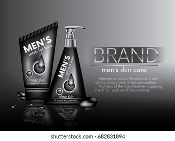 Ready-made design of stylish 3d bottles of male scrub and gel for face washing.The concept of an advertising campaign and corporate identity men's cosmetics.Vector illustration.Realistic bottles.