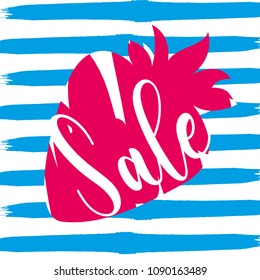 Ready-made design of summer banner, postcard or print with strawberry and inscription. Vector illustration.