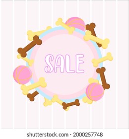 A ready-made flyer for a sale in a pet shop. Accessories for dogs on a pink background with a circle in the center and the inscription SALE.