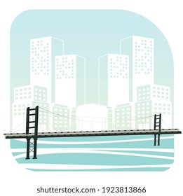 Ready-made illustration with a bridge on the background of the city and the ocean. A vector image in a flat style. A ready-made logo or icon.