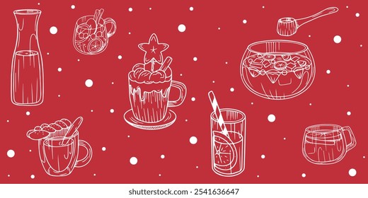 A ready-made illustration for stories, posts, brochures, leaflets, and posters in sketch style. set of festive Christmas drinks such as eggnog, punch, krambambuli, punch, and glogg with white outline