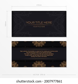 Ready-made invitation card design with abstract vintage ornament. Black gold luxurious colors. Can be used as background and wallpaper. 