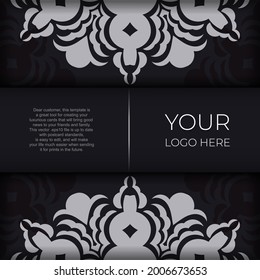 Ready-made invitation card design with vintage Indian ornament. Black and silver luxurious colors. Can be used as background and wallpaper.