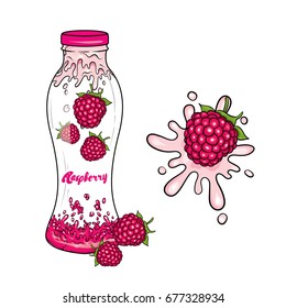 Ready-made label design and a bottle of yogurt. Realistic illustration. Vector illustration isolated on white background. Berries and yogurt. Raspberry.
