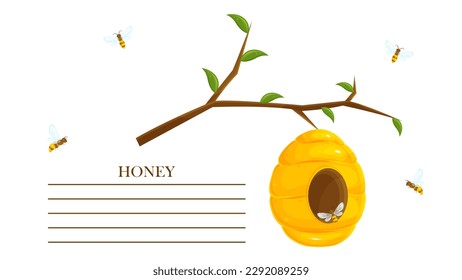Ready-made label for a jar of honey, a sticker for honey, a template for printing, a label with a beehive, packaging