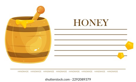Ready-made label for a jar of honey, a sticker for honey, a template for printing, a label with a barrel of honey, packaging 