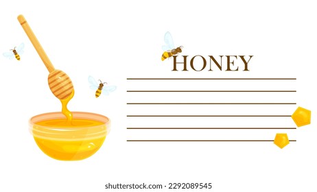 Ready-made label for a jar of honey, a sticker for honey, a template for printing, a label with a cup and a spoon of honey, packaging