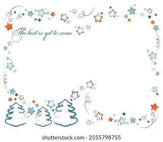 Ready-made New Year's greeting card template with copy space. Vector mockup Christmas winter trees with texture paint. Colorful elements in holiday stylish composition. Wishing the best is yet to come