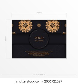 Ready-made postcard design with abstract vintage mandala ornament. Black-gold luxurious colors. Can be used as background and wallpaper. Elegant and classic vector elements 