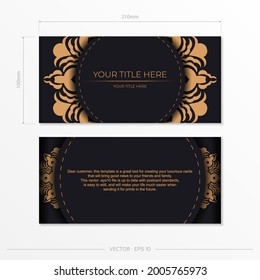 Ready-made postcard design with vintage Indian mandala ornament. Black-gold luxurious colors. Can be used as background and wallpaper. Elegant and classic vector elements ready for print