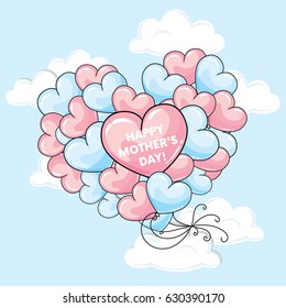 Ready-made postcard "Happy Mother's Day" with big hearts. Vector illustration.