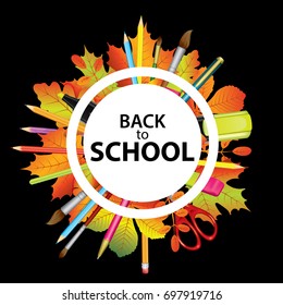 Ready-made poster or banner design with colorful autumn leaves and school supplies. Vector illustration. Back to school.