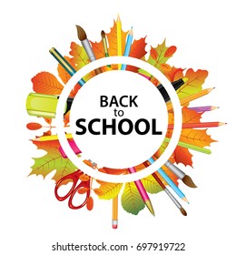 Ready-made poster or banner design with colorful autumn leaves and school supplies. Vector illustration. Back to school.