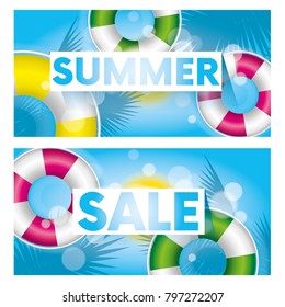 Ready-made poster or greeting card with palm trees and lifebuoys. Summer, vacation, vacation by the sea or the ocean. Vector illustration.