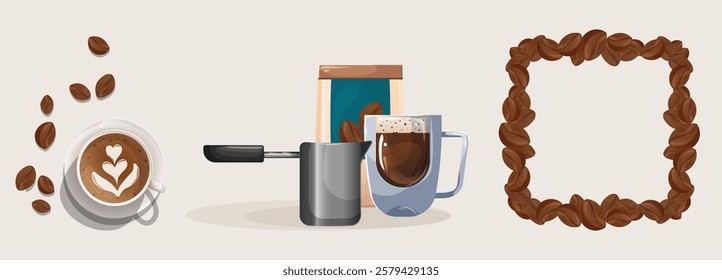 A ready-made set of three positions: hot coffee top view, a composition with a silver cezve with hot coffee in a cup and scattered ground beans in a bag, a square shaped frame made