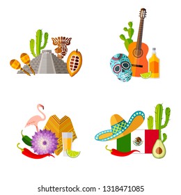 Ready-made sets of templates on the theme of Mexico. Mexican symbols in flat style. Vector illustration.