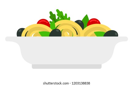 Ready-made spaghetti with tomatoes, olives, arugula and oregano in a deep plate vector flat material design isolated on white