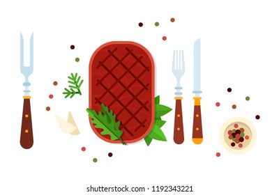 Ready-made steak with herbs, garlic, spices, knife and fork vector flat material design isolated on white