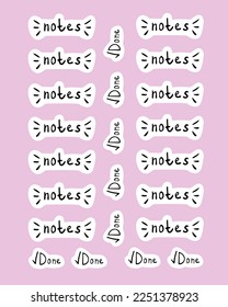 Ready-made stickers for a diary or writing in a notebook consists of: the text "notes" and "done" with a tick. Lettering, doodle style