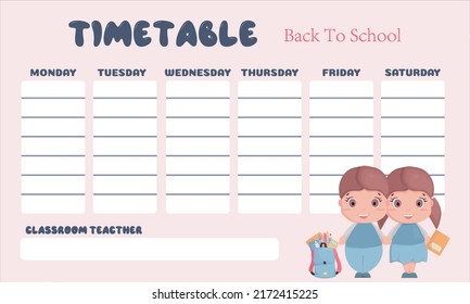Ready-made timetable template for elementary school. School weekly or planner template.