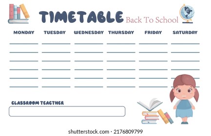 Ready-made timetable template for elementary school. School weekly template. Planner for school.