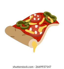 ready-made triangular pizza slice with a cheese border in curve. Filling. Sausage, cheese, tomato paste, green peppers. Flat color illustration. Fast food, homemade pizza. Marketing for a pizzeria.