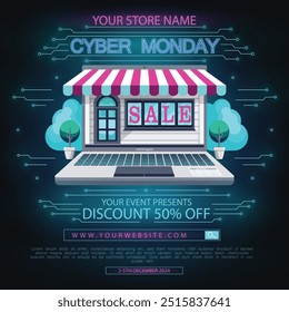 Ready-made vector Cyber ​​Monday sale banner template, the banner depicts a laptop stylized as a classic store window with large neon signs: Cyber ​​Monday, sale, discount 50% off