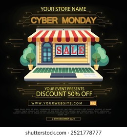 Ready-made vector Cyber ​​Monday sale banner template, the banner depicts a laptop stylized as a classic store window with large neon signs: Cyber ​​Monday, sale, discount 50% off