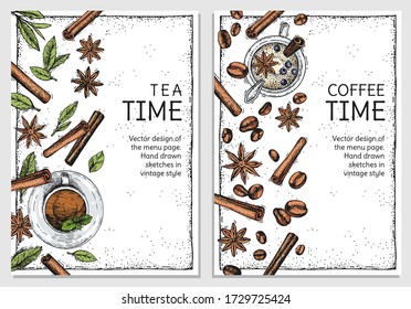 Ready-made vector pages for menu design, advertising, posters, brochures, and website. Hand-drawn sketches of tea leaves coffee beans. Cinnamon and anise stars. Vintage engraving style. Morning mood