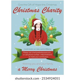 Ready-made vector template for Christmas charity Card: brunette Woman in red Santa outfit offering a Gift, surrounded by Christmas greenery and Holiday decorations, with all the contact information