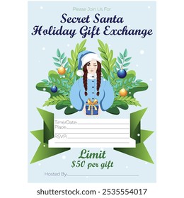 Ready-made vector template for Customizable secret Santa holiday gift exchange invitation card featuring brunette Woman in blue Santa outfit offering a Gift, surrounded by Holiday decorations