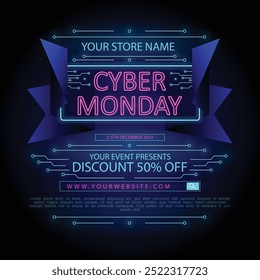 Modelo vetor pronto para um banner de venda Cyber Monday, com grandes sinais de néon Cyber Monday e Sale, também banner inclui todas as informações de contato tradicionais e elementos luminosos