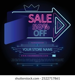 Ready-made vector template for a Cyber Monday sale banner, featuring large neon signs Cyber Monday and Sale, also banner includes all the traditional contact information and luminous elements