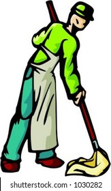 A ready-to-cut vector illustration of a cleaner, washing the floor with a mop.