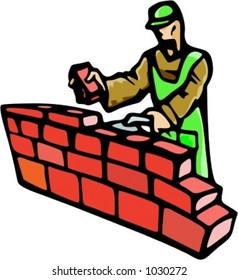 A ready-to-cut vector illustration of a construction worker, building a brick wall.