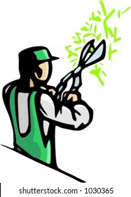 A ready-to-cut vector illustration of a gardener, trimming a bush or tree with big clippers.