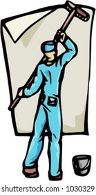 Una ilustración vectorial lista para cortar de un hombre, pegando un afiche.