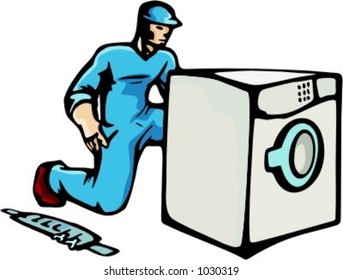 Ilustración vectorial lista para cortar de un técnico, reparando o instalando una lavadora.