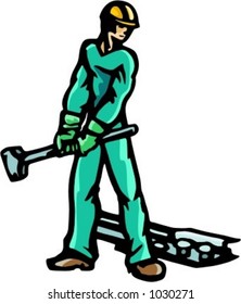 A ready-to-cut vector illustration of a worker with hardhat, holding a big metal hammer.