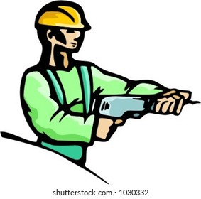 A ready-to-cut vector illustration of a worker, making a hole a drill.
