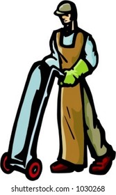 A ready-to-cut vector illustration of a worker, pushing a metal double-wheel cart.