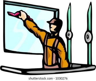A ready-to-cut vector illustration of a worker, washing a window.
